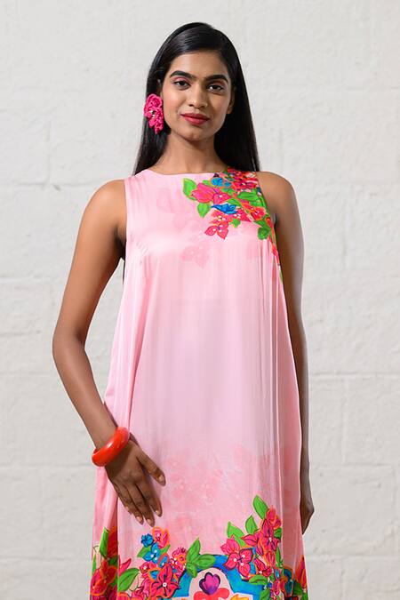 Prachi Kamat Pink Modal, Satin Embroidery Round Neck Floral Print Dress Online at Aza Fashions Prachi Kamat_Pink Modal, Satin Embroidery Round Neck Floral Print Dress _Online_at_Aza_Fashions