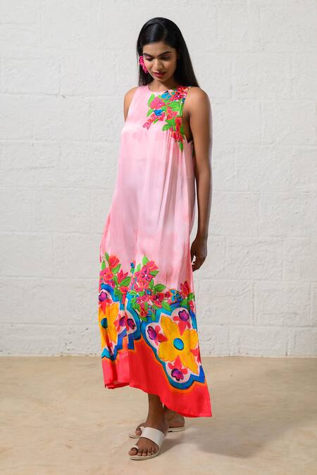 Buy Prachi Kamat Pink Modal, Satin Embroidery Round Neck Floral Print Dress Online at Aza Fashions Buy_Prachi Kamat_Pink Modal, Satin Embroidery Round Neck Floral Print Dress _Online_at_Aza_Fashions