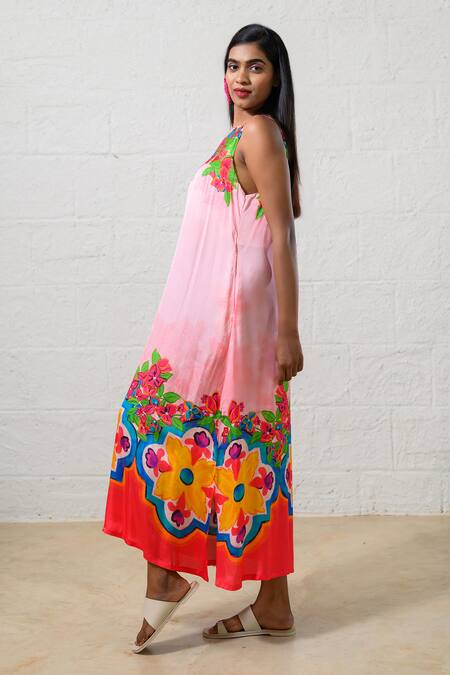 Shop Prachi Kamat Pink Modal, Satin Embroidery Round Neck Floral Print Dress Online at Aza Fashions Shop_Prachi Kamat_Pink Modal, Satin Embroidery Round Neck Floral Print Dress _Online_at_Aza_Fashions