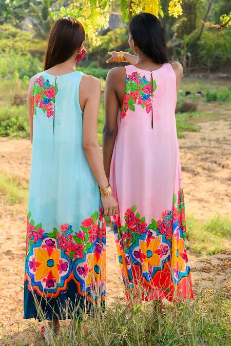 Prachi Kamat Pink Modal, Satin Embroidery Round Neck Floral Print Dress at Aza Fashions Prachi Kamat_Pink Modal, Satin Embroidery Round Neck Floral Print Dress _at_Aza_Fashions