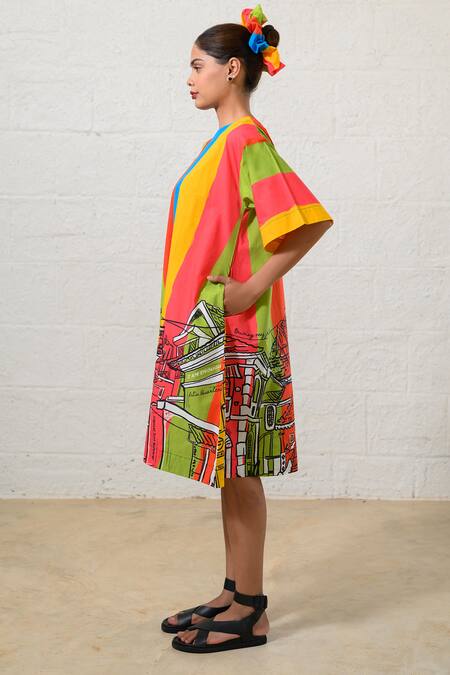 Buy Prachi Kamat Multi Color Poplin Round Neck Multicolor Designer Dress Online at Aza Fashions Buy_Prachi Kamat_Multi Color Poplin Round Neck Multicolor Designer Dress _Online_at_Aza_Fashions