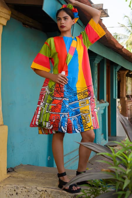 Prachi Kamat Multi Color Poplin Round Neck Multicolor Designer Dress