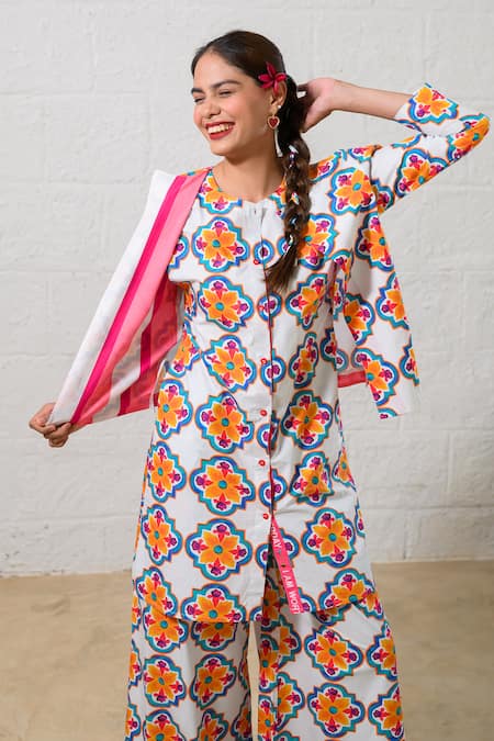 Shop_Prachi Kamat_Multi Color Poplin Round Neck Multicolor Printed Kurta And Palazzo Set 