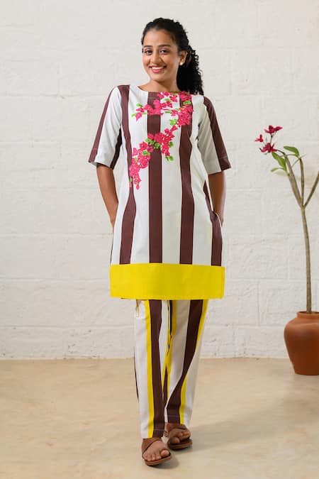 Prachi Kamat Brown Poplin Embroidery Round Neck And White Striped Kurta Pant Set 