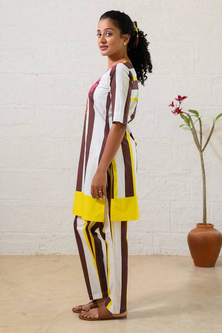 Prachi Kamat_Brown Poplin Embroidery Round Neck And White Striped Kurta Pant Set _Online_at_Aza_Fashions