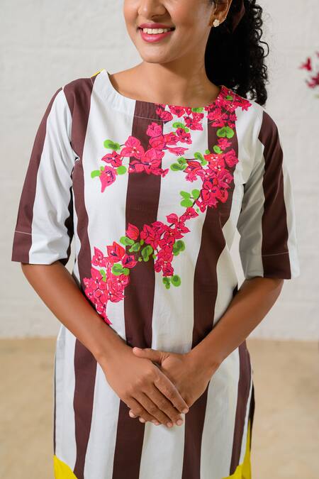 Buy_Prachi Kamat_Brown Poplin Embroidery Round Neck And White Striped Kurta Pant Set _Online_at_Aza_Fashions