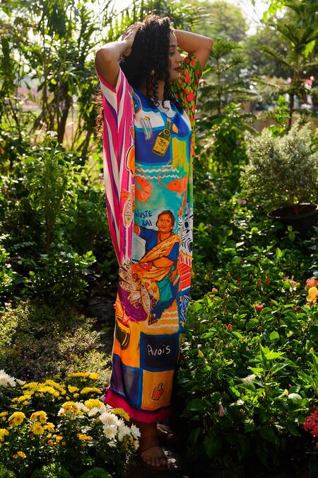 Shop_Prachi Kamat_Multi Color Modal, Satin Round Neck Multicolor Designer Kaftan _Online_at_Aza_Fashions