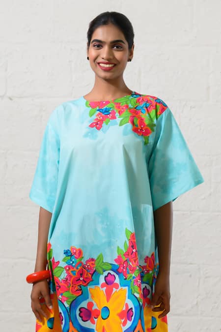 Prachi Kamat_Blue Poplin Embroidery Round Neck Floral Print Dress _Online_at_Aza_Fashions