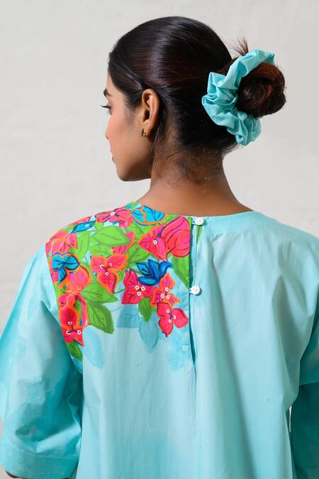 Buy_Prachi Kamat_Blue Poplin Embroidery Round Neck Floral Print Dress _Online_at_Aza_Fashions