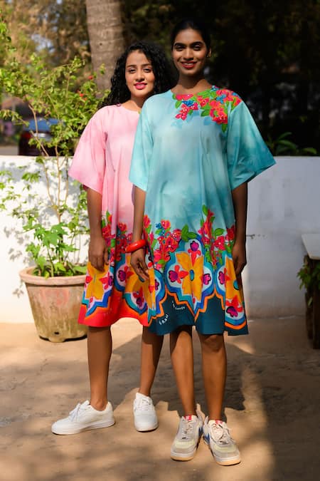 Shop_Prachi Kamat_Blue Poplin Embroidery Round Neck Floral Print Dress _Online_at_Aza_Fashions