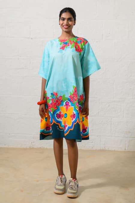 Prachi Kamat Blue Poplin Embroidery Round Neck Floral Print Dress 