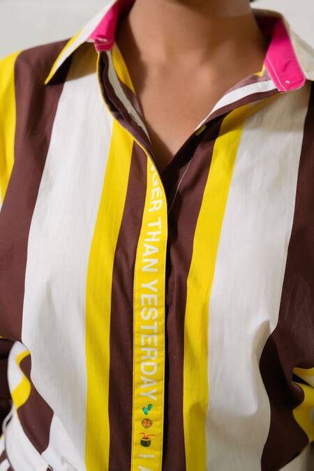 Prachi Kamat_Brown Poplin Collared And White Striped Shirt & Shorts Set _Online_at_Aza_Fashions