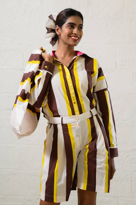 Buy_Prachi Kamat_Brown Poplin Collared And White Striped Shirt & Shorts Set _Online_at_Aza_Fashions