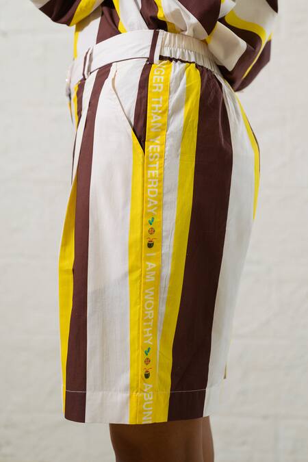 Shop_Prachi Kamat_Brown Poplin Collared And White Striped Shirt & Shorts Set _Online_at_Aza_Fashions