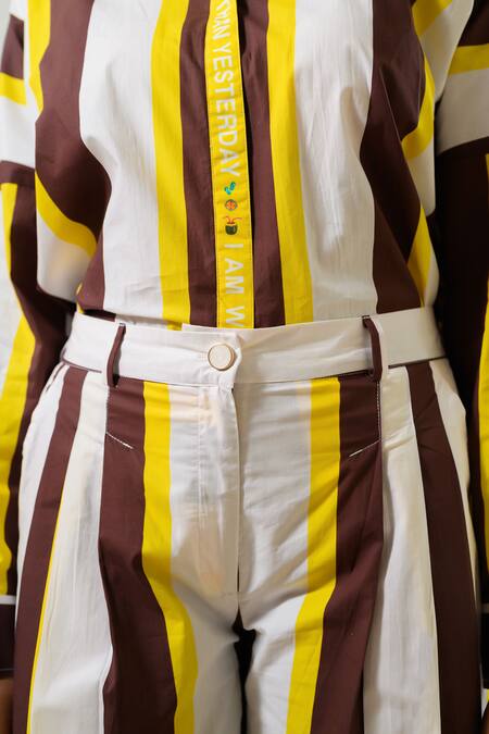 Prachi Kamat_Brown Poplin Collared And White Striped Shirt & Shorts Set _at_Aza_Fashions