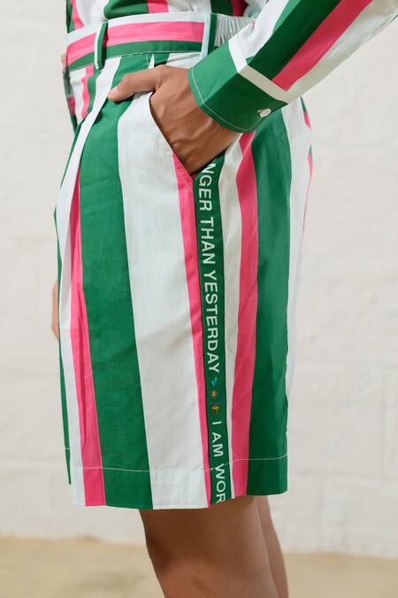 Prachi Kamat_Green Poplin Collared Striped Shirt And Shorts Set _at_Aza_Fashions
