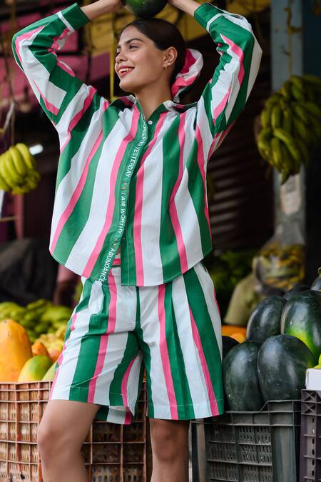 Shop_Prachi Kamat_Green Poplin Collared Striped Shirt And Shorts Set 