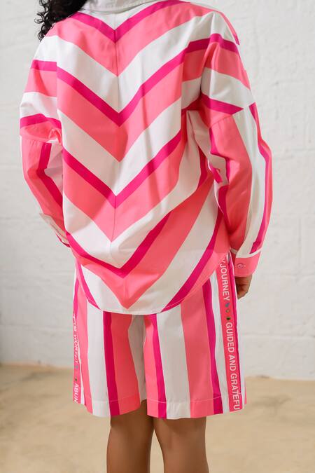 Buy_Prachi Kamat_Pink Poplin Collared Striped Top And Shorts Set _Online_at_Aza_Fashions