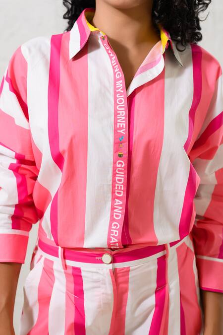 Prachi Kamat_Pink Poplin Collared Striped Top And Shorts Set _at_Aza_Fashions