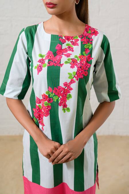 Buy Prachi Kamat Green Poplin Embroidery Round Neck Striped Floral Kurta And Pant Set Online at Aza Fashions Buy_Prachi Kamat_Green Poplin Embroidery Round Neck Striped Floral Kurta And Pant Set _Online_at_Aza_Fashions