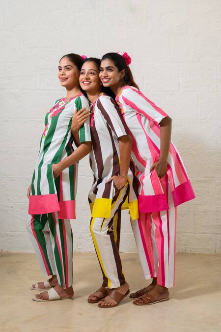 Shop Prachi Kamat Green Poplin Embroidery Round Neck Striped Floral Kurta And Pant Set Online at Aza Fashions Shop_Prachi Kamat_Green Poplin Embroidery Round Neck Striped Floral Kurta And Pant Set _Online_at_Aza_Fashions