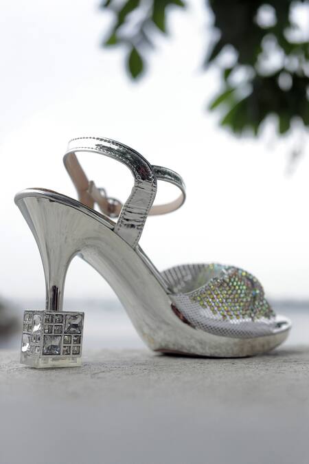 Buy_Shiveen Shiveen_Silver Rhinestones Designer Bellezza Heels _Online_at_Aza_Fashions