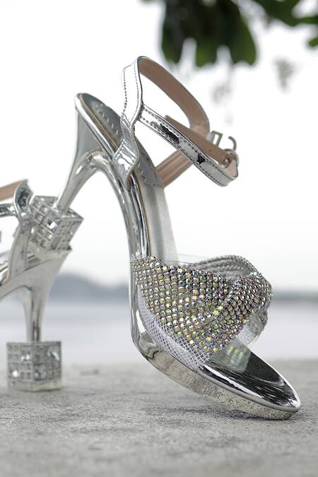 Shop_Shiveen Shiveen_Silver Rhinestones Designer Bellezza Heels _Online_at_Aza_Fashions