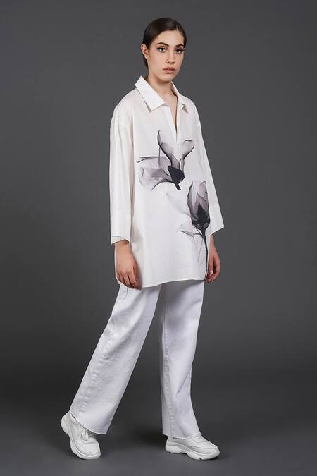 Samant Chauhan White Cotton Collared Dark Petal Shirt Online at Aza Fashions Samant Chauhan_White Cotton Collared Dark Petal Shirt _Online_at_Aza_Fashions