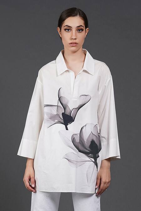 Buy Samant Chauhan White Cotton Collared Dark Petal Shirt Online at Aza Fashions Buy_Samant Chauhan_White Cotton Collared Dark Petal Shirt _Online_at_Aza_Fashions