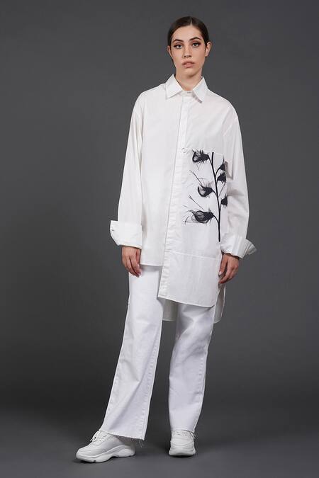 Samant Chauhan White Cotton Collared Monochrome Blossom Shirt Online at Aza Fashions Samant Chauhan_White Cotton Collared Monochrome Blossom Shirt _Online_at_Aza_Fashions