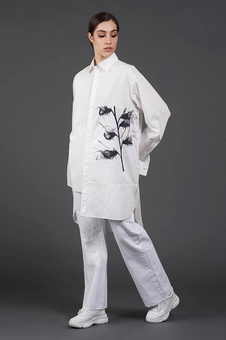 Buy Samant Chauhan White Cotton Collared Monochrome Blossom Shirt Online at Aza Fashions Buy_Samant Chauhan_White Cotton Collared Monochrome Blossom Shirt _Online_at_Aza_Fashions