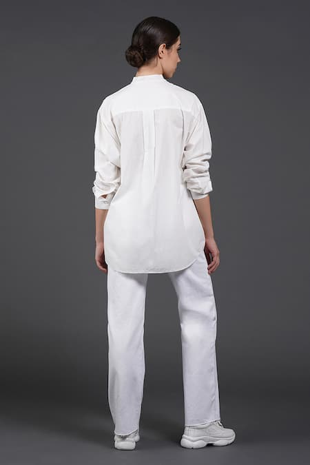 Shop Samant Chauhan White Cotton Mandarin Collar Graphic Stroke Shirt at Aza Fashions Shop_Samant Chauhan_White Cotton Mandarin Collar Graphic Stroke Shirt _at_Aza_Fashions