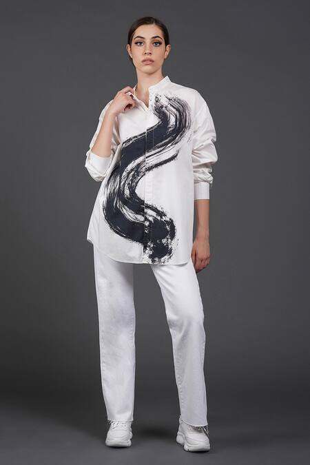 Samant Chauhan White Cotton Mandarin Collar Graphic Stroke Shirt Online at Aza Fashions Samant Chauhan_White Cotton Mandarin Collar Graphic Stroke Shirt _Online_at_Aza_Fashions