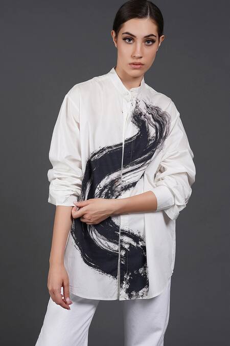 Shop Samant Chauhan White Cotton Mandarin Collar Graphic Stroke Shirt Online at Aza Fashions Shop_Samant Chauhan_White Cotton Mandarin Collar Graphic Stroke Shirt _Online_at_Aza_Fashions