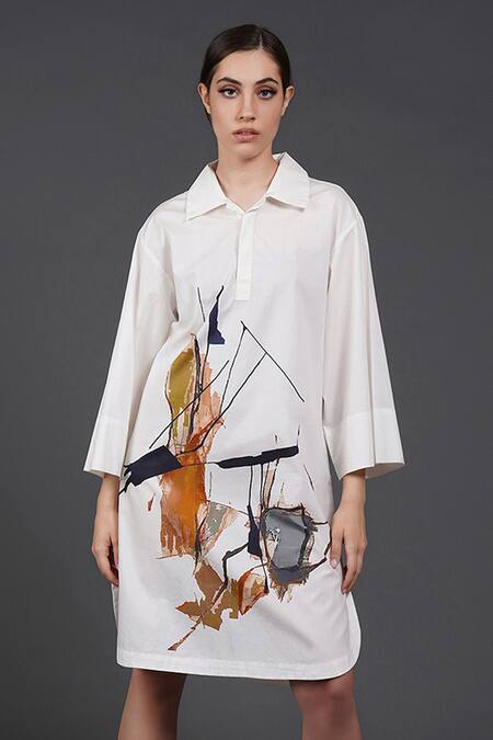 Shop Samant Chauhan White Cotton Collared Raw Form Designer Shirt Dress Online at Aza Fashions Shop_Samant Chauhan_White Cotton Collared Raw Form Designer Shirt Dress _Online_at_Aza_Fashions