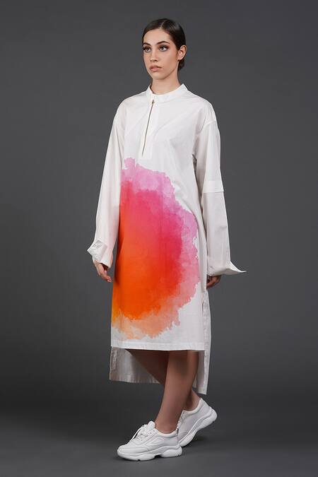 Samant Chauhan_White Cotton Collared Gentle Coral Shirt Dress _Online_at_Aza_Fashions