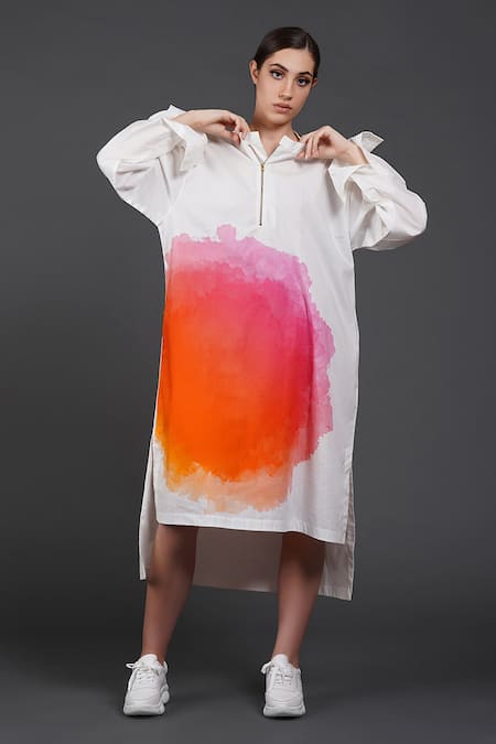 Buy_Samant Chauhan_White Cotton Collared Gentle Coral Shirt Dress _Online_at_Aza_Fashions