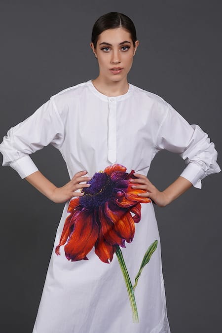 Samant Chauhan White Cotton Round Neck Crimson Burst Shirt Dress Online at Aza Fashions Samant Chauhan_White Cotton Round Neck Crimson Burst Shirt Dress _Online_at_Aza_Fashions