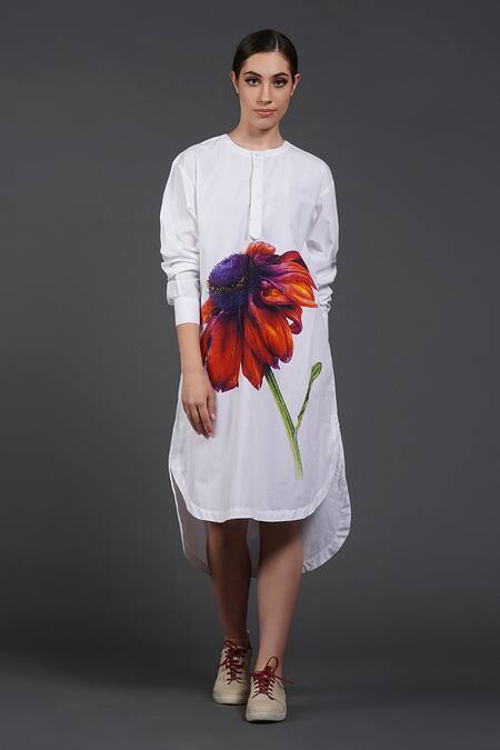 Samant Chauhan White Cotton Round Neck Crimson Burst Shirt Dress at Aza Fashions Samant Chauhan_White Cotton Round Neck Crimson Burst Shirt Dress _at_Aza_Fashions