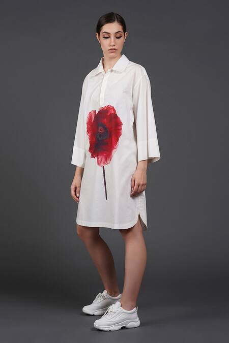 Samant Chauhan White Cotton Collared Scarlet Bloom Shirt Dress Online at Aza Fashions Samant Chauhan_White Cotton Collared Scarlet Bloom Shirt Dress _Online_at_Aza_Fashions