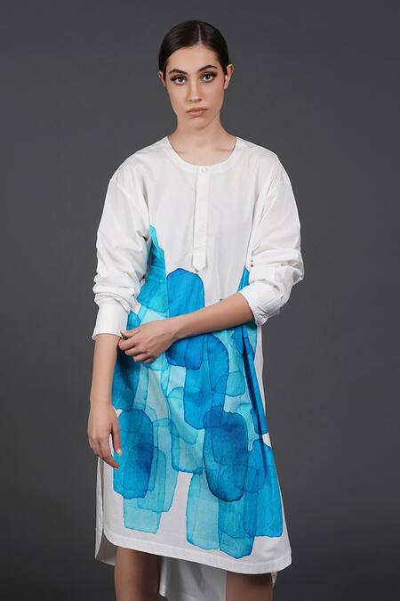 Samant Chauhan White Cotton Crew Neck Calm Blue Rock Shirt Dress Online at Aza Fashions Samant Chauhan_White Cotton Crew Neck Calm Blue Rock Shirt Dress _Online_at_Aza_Fashions