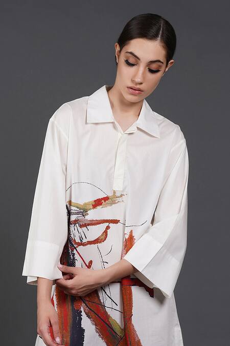 Samant Chauhan White Cotton Collared Abstract Print Shirt Dress Online at Aza Fashions Samant Chauhan_White Cotton Collared Abstract Print Shirt Dress _Online_at_Aza_Fashions
