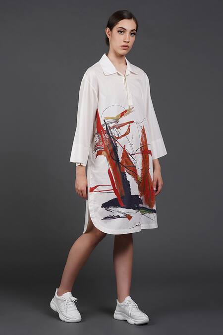 Buy Samant Chauhan White Cotton Collared Abstract Print Shirt Dress Online at Aza Fashions Buy_Samant Chauhan_White Cotton Collared Abstract Print Shirt Dress _Online_at_Aza_Fashions