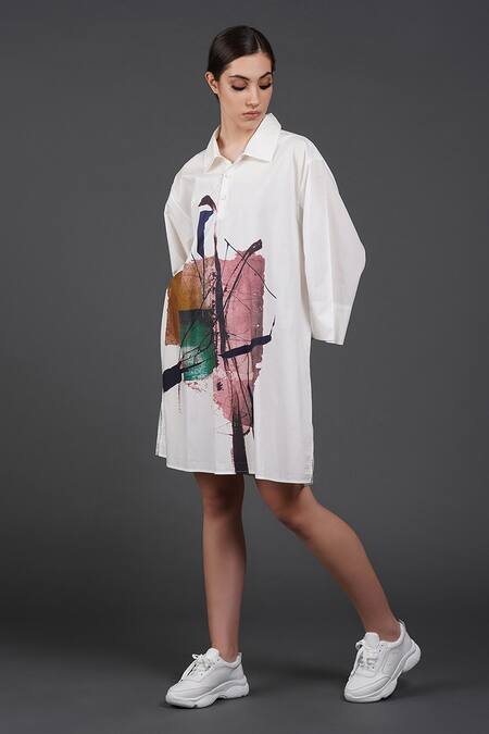 Samant Chauhan White Cotton Collared Sculpted Hue Shirt Dress Online at Aza Fashions Samant Chauhan_White Cotton Collared Sculpted Hue Shirt Dress _Online_at_Aza_Fashions