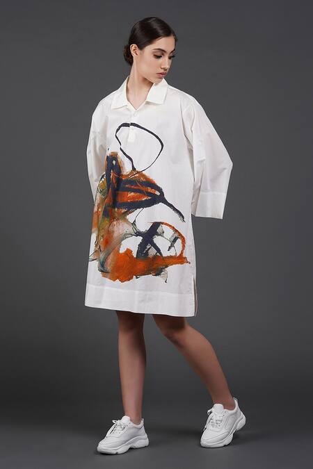 Samant Chauhan White Cotton Collared Intricate Ink Shirt Dress Online at Aza Fashions Samant Chauhan_White Cotton Collared Intricate Ink Shirt Dress _Online_at_Aza_Fashions