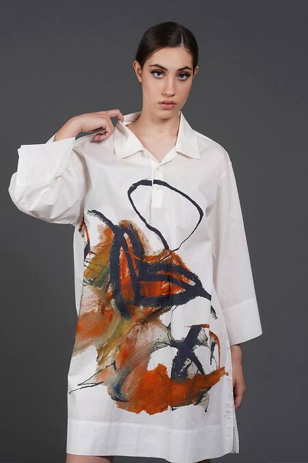 Buy Samant Chauhan White Cotton Collared Intricate Ink Shirt Dress Online at Aza Fashions Buy_Samant Chauhan_White Cotton Collared Intricate Ink Shirt Dress _Online_at_Aza_Fashions