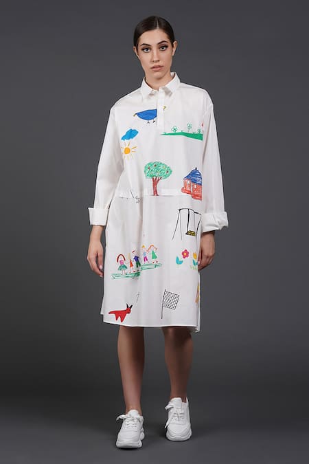 Shop Samant Chauhan White Cotton Collared Tiny Hands Art Shirt Dress at Aza Fashions Shop_Samant Chauhan_White Cotton Collared Tiny Hands Art Shirt Dress _at_Aza_Fashions