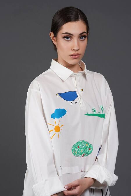 Buy Samant Chauhan White Cotton Collared Tiny Hands Art Shirt Dress Online at Aza Fashions Buy_Samant Chauhan_White Cotton Collared Tiny Hands Art Shirt Dress _Online_at_Aza_Fashions