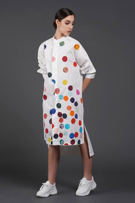 Buy_Samant Chauhan_White Cotton Collared The Colour Dot Shirt Dress _Online_at_Aza_Fashions