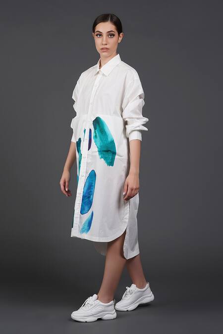 Samant Chauhan_White Cotton Collared Dynamic Blue Shirt Dress _Online_at_Aza_Fashions